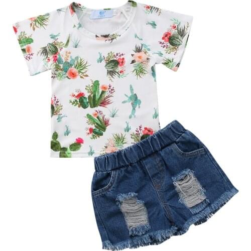 Kids Baby Girls Floral Tops T-shirt + Hole Denim Pants Shorts Outfits 2Pcs Clothing Set