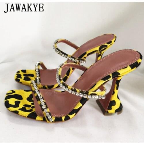 JAWAKYE High heels Crystal Women Sandals Brand Triangle Block Heel Mules Slippers Sexy Leopard Slip On Party Shoes Summer Slides
