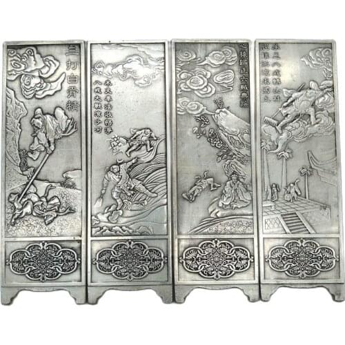Chinese Old Tibetan Silver Relief Bogu Vase Pattern Screen Feng Shui Decoration