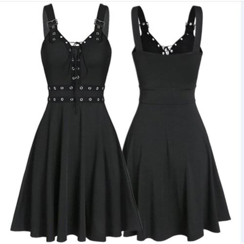 Fashion Women Dress Sleeveless Cross punk style summer deep v-neck dress Lace Up Sling Dress Sexy Solid Women Dress Plus Size