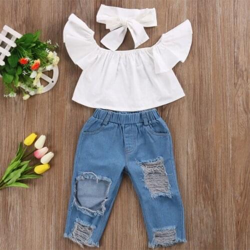 Fashion Baby Girl Clothes Sets Lace Tops Hole Jeans Headband 1-6 Years Cool Summer Outfits for Kids Children Toddler
