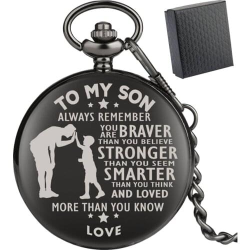 TO MY SON, You Are Braver Stronger Smarter Display Personalized Birthday Xmas Gifts Antique Quartz Pocket Watch with Black Box