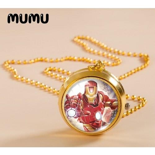 2021 New Iron Man Pocket Watch Necklace Super Hero Logo Gold Color Vintage Watch Glass Dome Pendant Jewelry Gifts Children