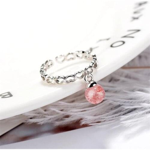 New Natural Strawberry Crystal Heart Even Heart Hollow 925 Sterling Silver Jewelry Trick Peach Flower Opening Rings SR447