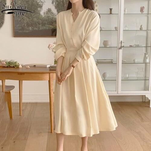 Solid Cotton V-neck Slim Dress Korean Elegant and Gentle Spring Women Dress for Women Elegant Casual Office Lady Vestido 14150