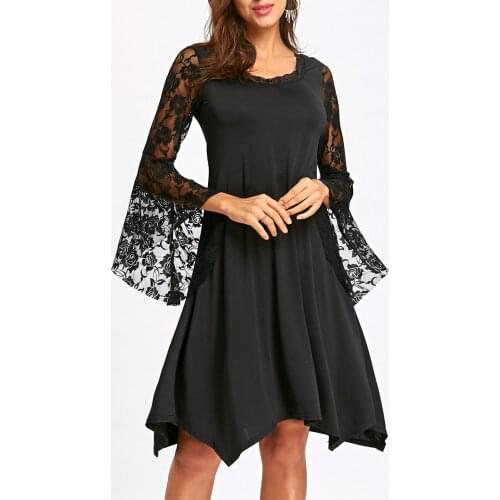 Plus Size Fashion Black Streetwear Loose Floral Wrist Lace Long Flare Sleeve O-neck Women Dress, 5XL Summer Dresses