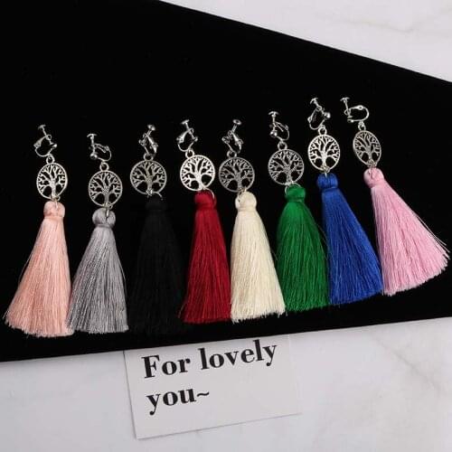 Popular Bohemian Ethnic Vintage Long Handmade PFY Tassel Clip On Earrings For female No Pierced Life Tree Fringed Clip Earrings