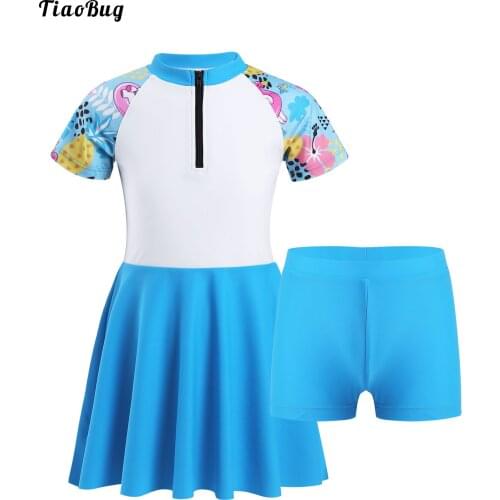 TiaoBug 2Pcs Summer Kids Girls Swimming Suit Stand Collar Short Sleeves Front Zipper Knee Length Dress With Shorts Set Swimwear
