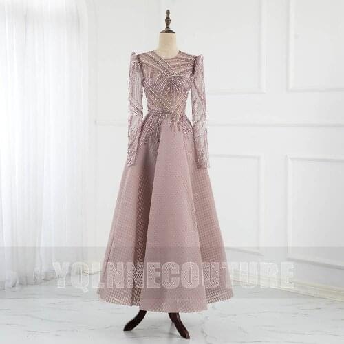 YQLNNE Vestidos Dusty Pink Beaded Evening Dresses Dubai Long Sleeve Formal Party Women Gown Elegant