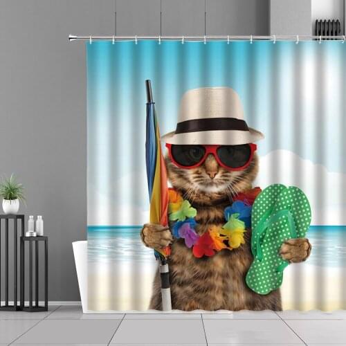 Sandy Beach Funny Cat Shower Curtain Lovely Animal Printing Bathroom Screen Hanging Curtains Waterproof Polyester With Hooks