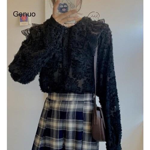 Women Blouses See-through Puff Sleeve Top Lace Shirt Blouse Fashion Transparent Black Shirts Female Blusas