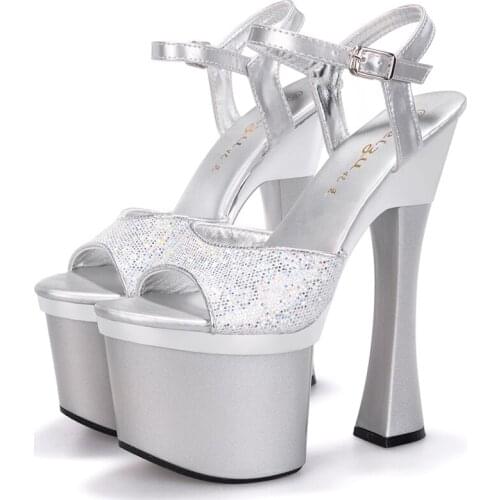 2016 summer sexy 18cm high heels peep toe catwalk models pumps thick platform buckle rhinestone PU sandals women wedding shoes