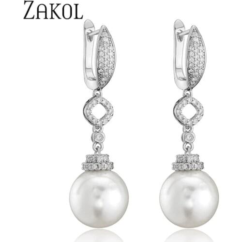 ZAKOL New Luxury Temperament Drop Pearl Earrings AAA Cubic Zircon Bride Bridesmaid Wedding Jewelry Earring for Women Gifts