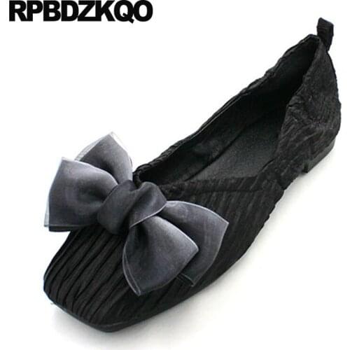 Black women flats shoes with little cute bowtie chinese china bow ladies slip on embellished breathable kawaii square toe 2018