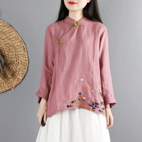 2021 Chinese Tops Hanfu Qipao Blouse Tang Suit Cotton Embroidery Traditional Chinese Style Clothing Women Cheongsam Top 12406