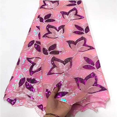 2021 Latest African Mesh Lace Fabric Embroiderey Pink Sequins French Tulle Laces Fabric For Nigerian Wedding Party Sew VQ5047