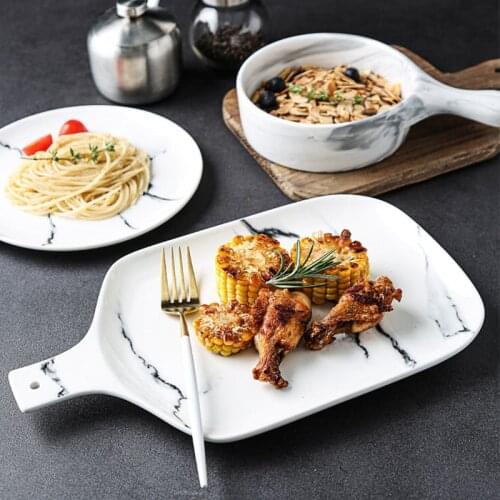 ANTOWALL Marble Underglaze Flat Tray Household Tableware Plate with Handle Western Steak Plate Nordic Ceramic Dessert Plate