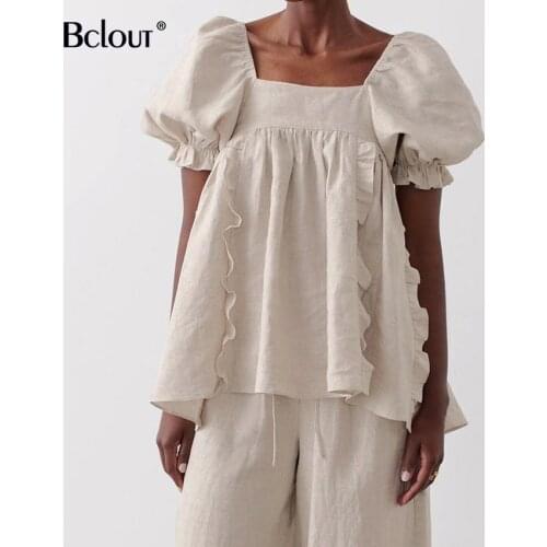 Bclout Vintage Casual Square Collar Loose Shirt Female Summer Backless Woman Blouse Cotton Short Sleeve Lace Up Ladies Tops