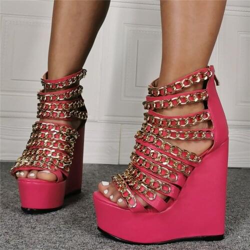 Fahion Gold Chain Wedge Sandals Peep Toe Pink Leather High Platform Summer Shoes Cut-out Hollow Back Zipper Wedge Shoes