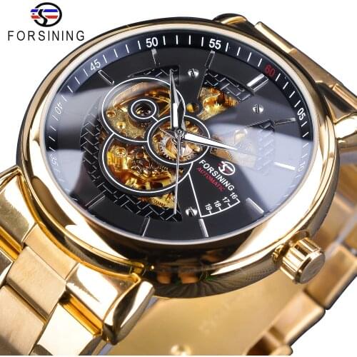 Forsining 2018 Black Golden Skeleton Clock Luminous Hands Design Gold Stainless Steel Mens Automatic Watches Top Brand Luxury