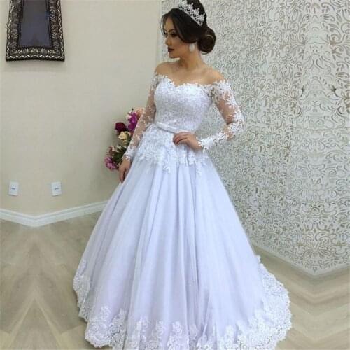 Elegant Wedding Dress 2020 Long Sleeves Lace Ball Gown robe de mariee Off the Shoulder Tulle Bridal Party Dresses