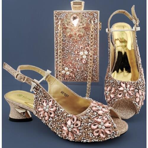 Latest silver color Shoes and Bags Set Nigerian Best Match Shoes and Matching Bags African Women Rhinestone Wedding Shoes