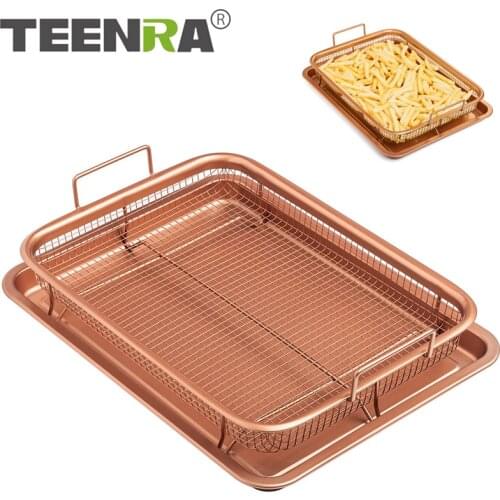 TEENRA Microwave Oven Copper Baking Tray BarBecue Tray Fry Pan Non-stick Chips Basket Baking Dish Grill Mesh Kitchen Tool