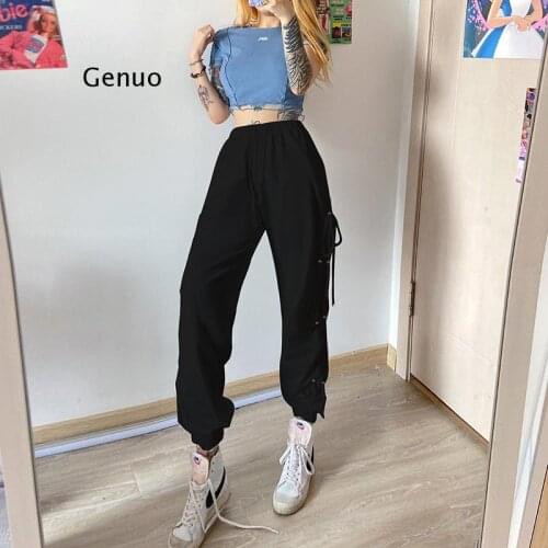 Fashion casual high street Drawstring loose cotton pants women autumn new high waist sports style bandage Cross-pants