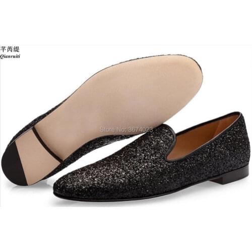 Qianruiti Black Glitter Canvas Slippers Handmade Shoes Men Bling Flats Slip on Dress Shoes Fashion Male