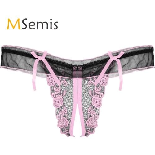 Mens Lingerie Flower Embroidery Lace Trim Underwear Crotchless Thongs Sissy Panties Elastic Waistband T-back Bowknot Underpants