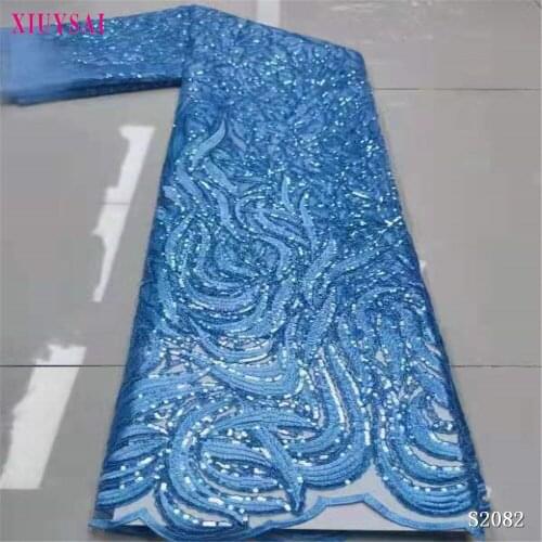 Latest African Lace Fabric 2021 High Quality Lace with Sequins Embroidered French Tulle Nigerian Lace Fabric 5 Yards for Dress