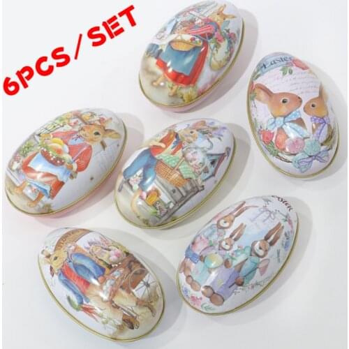 6 Pieces Easter Bunny Dress Printing Alloy Metal Trinket Tin Easter Eggs Shaped Candy Box Tinplate Case Party Decoration