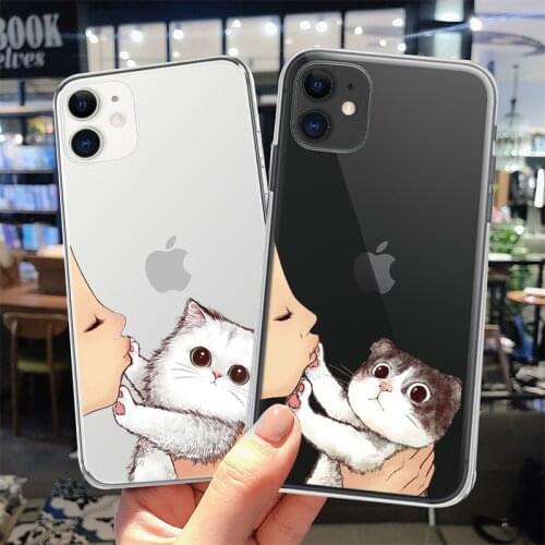 For iPhone 11 12 Pro Max XR XS Max X 7 8 Plus SE 2020 Cartoon Cat Cute Pattern Transparent Shockproof Funny Soft Phone Case
