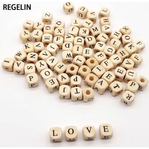 REGELIN 10mm 100PCs Square Wooden Alphabet Beads A-Z Letter beads for bracelets Spacer Baby Smooth Teether Jewelry Pacifier DIY