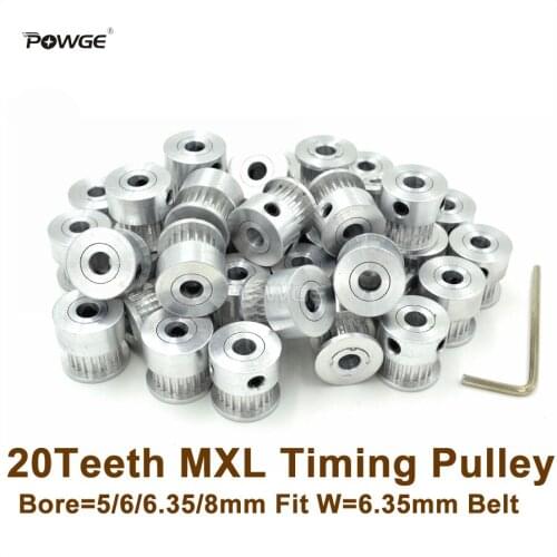 POWGE 50pcs 20 Teeth MXL Timing Pulley Bore 5/6/6.35/8mm Fit W=6.35mm MXL Belt 20T 20Teeth MXL Pulley 3D Printer DIY Ultimaker