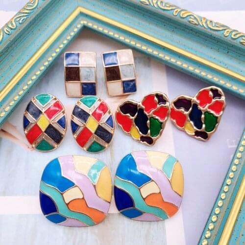 Retro Earrings Enamel Colrful Stud Splicing Drip Glaze Square Lovely Heart Oval Shape Vintage Jewelry