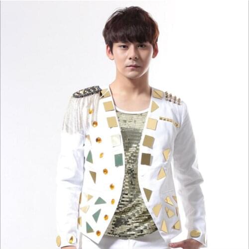 S-5xl New Nightclub Men Singer Bar Dj Rock Punk Personality Insignia Gold Lens Stage Jacket Costume Performance Show Clothing