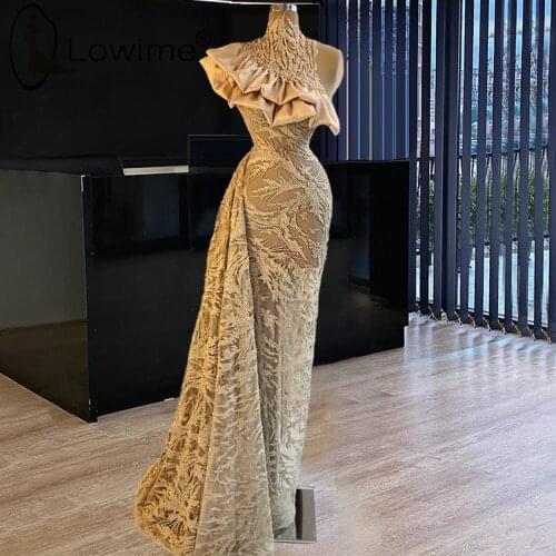 Sexy See Through Champagne High Neck Evening Dresses Beaded Lace Mermaid Evening Gowns Vestidos De Fiesta