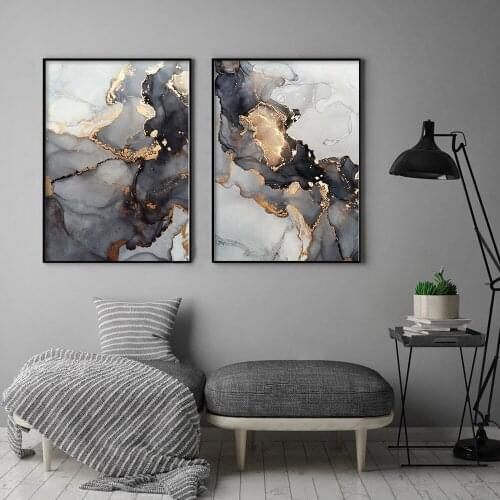 Modern Black and Gold Marble Wall Art Abstract Canvas Painting Nordic Poster and Print Scandinavian Picture Living Room Decor
