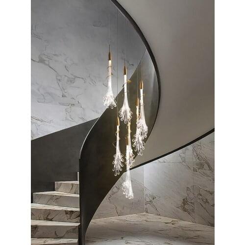 Light luxury glass long chandelier post modern minimalist villa duplex spiral staircase restaurant lighting