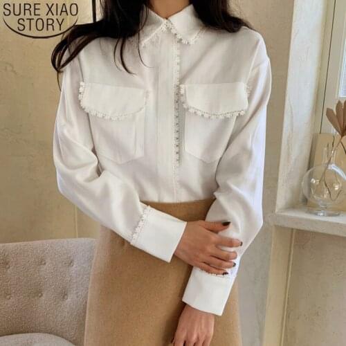 2021 New Spring Casual Women Shirt Turn Down Collar White Tops Blouses Cotton Ladies Long Sleeve Tops with Pocket Korean Blusas