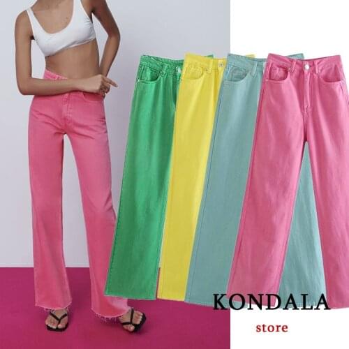 KONDALA Za 2021 Fashion Women Summer Chic Pink Jeans High Waist Wide Leg Zipper Denim Jeans Pant Elegant Pantalon Trousers Mujer