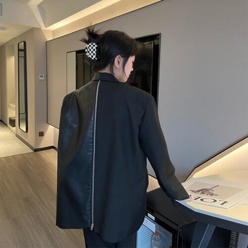 Vintage Faux Leather Zipper Patchwork Blazer Jacket Women Loose Big Pocket Casual Notched Collar Long Sleeve Autumn Streetwear