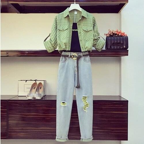 Chic Design Sashes Hole Denim Pants Suits Autumn New High street Fashion Plaid Shirt With Letter Sling Casual 3 Piece Set Women