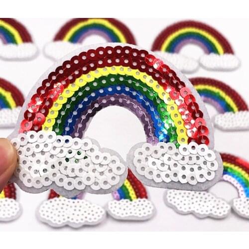 Wholeslae 10pcs Sequins Rainbow Embroidered Patches Iron On Jacket Clothes Stickers DIY sewing on Apparel Accessories badges
