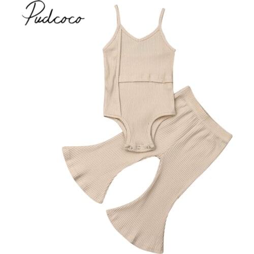 2020 Baby Summer Clothing Newborn Baby Girl Solid Sleeveless Romper Top+Long Bell Pants Bottoms Outfits Ribbed Clothes Sets 0-3Y