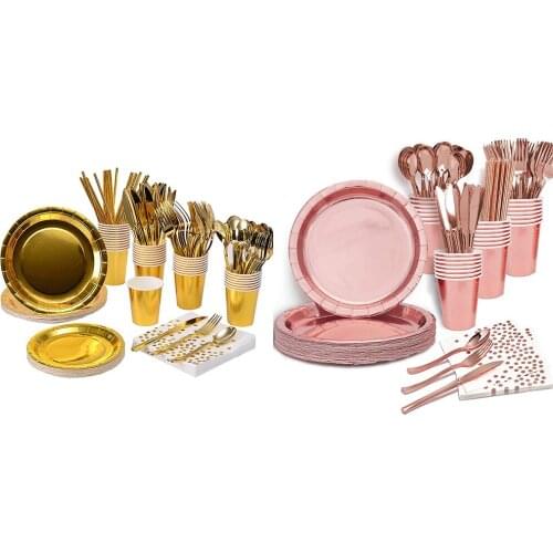 90Pcs Wedding Supplies Rose Gold Disposable Tableware Set Paper Plates Cups Plastic Forks Birthday Party Baby Shower Decorations