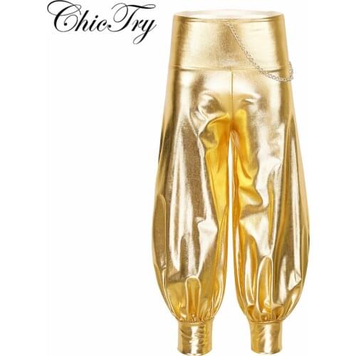 Sequins Girls Shiny Metallic Elastic High Waist with Chain Loose Harem Stage Dance Pants Hip Hop Trousers Streetwear Dancewear