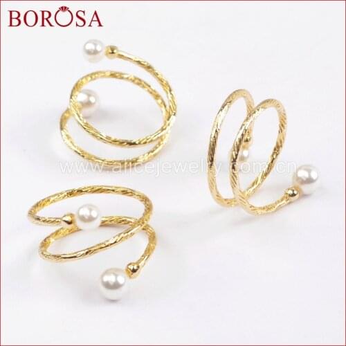 BOROSA 10/15PCS Natural Pearl Triple-layer Wire Wrap Rings Plating Gold Plated Freshwater Pearl Adjustable Ring Jewelry WX1024