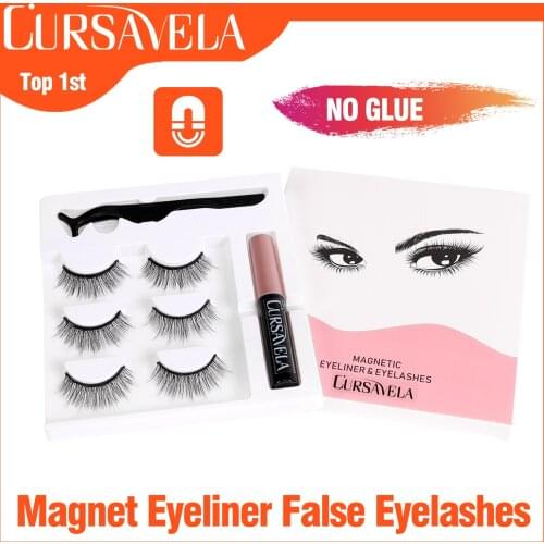 Cursavela Magnetic Eyelashes Eyeliner 3 Pairs Magnetic False Eyelashes Eyelash Curler Tweezer Makeup Set Strip Lashes Hand Made